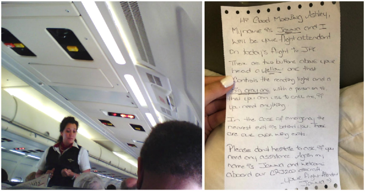 Flight attendant hands sweet note to deaf teen flying alone(01)